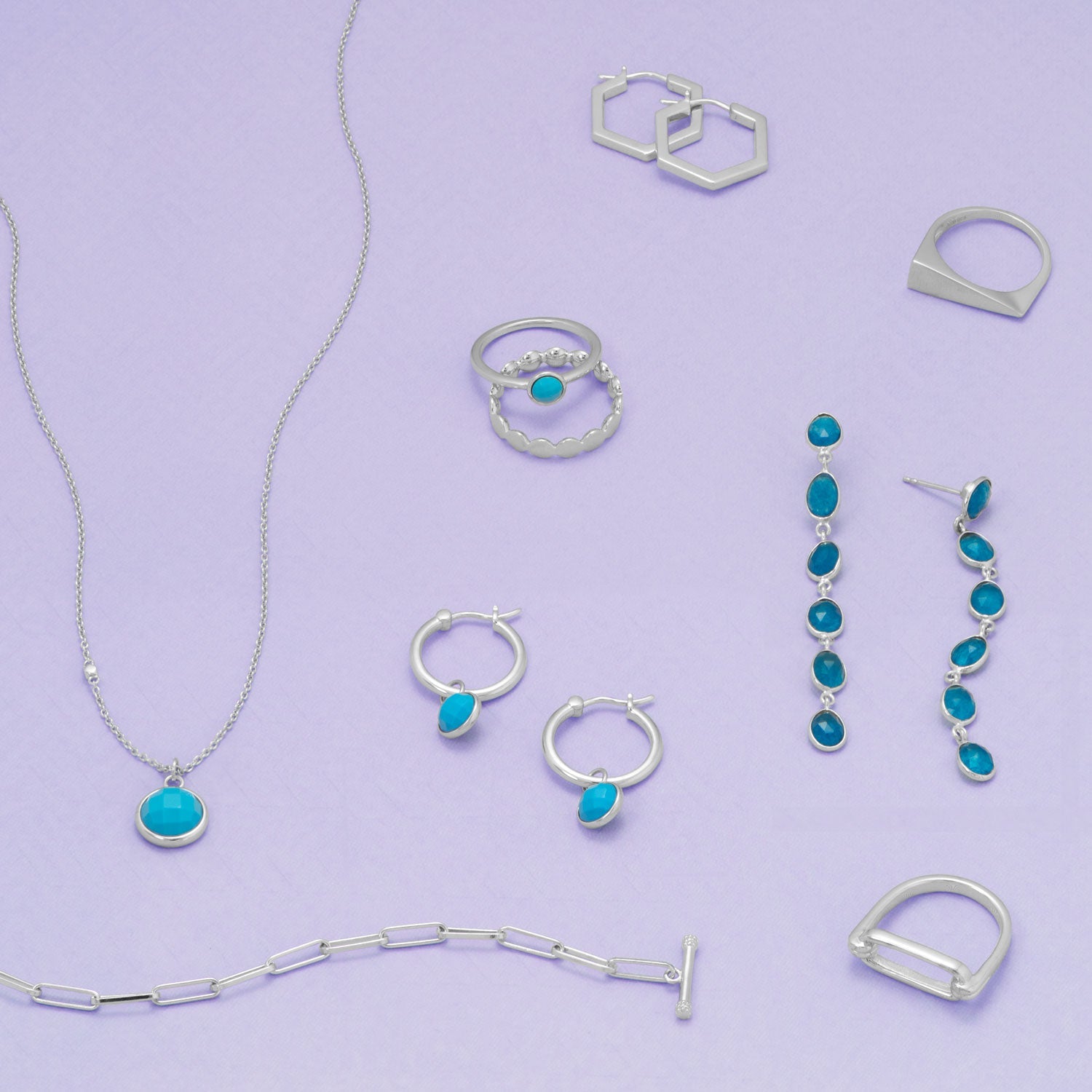 Rhodium Plated Round Faceted Turquoise Ring