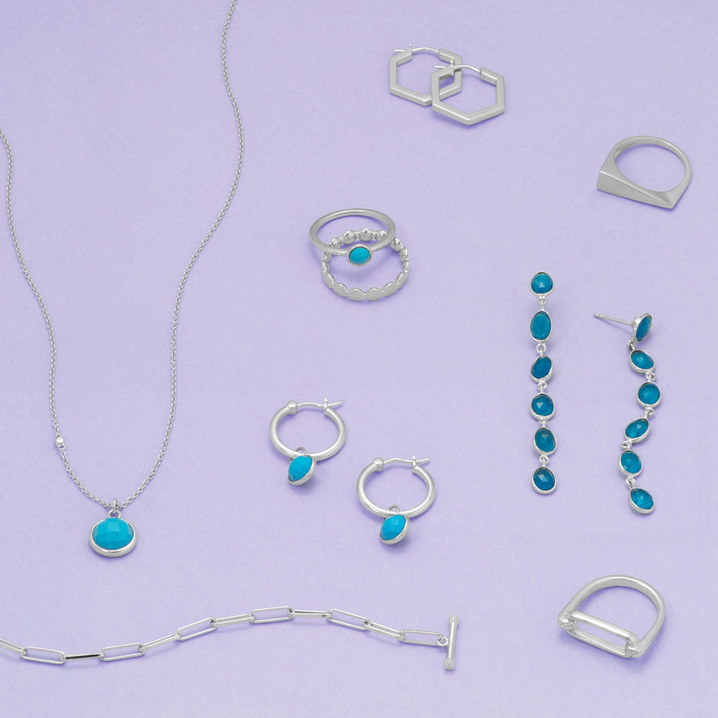 Rhodium Plated Hoop Earrings with Faceted Turquoise Charm