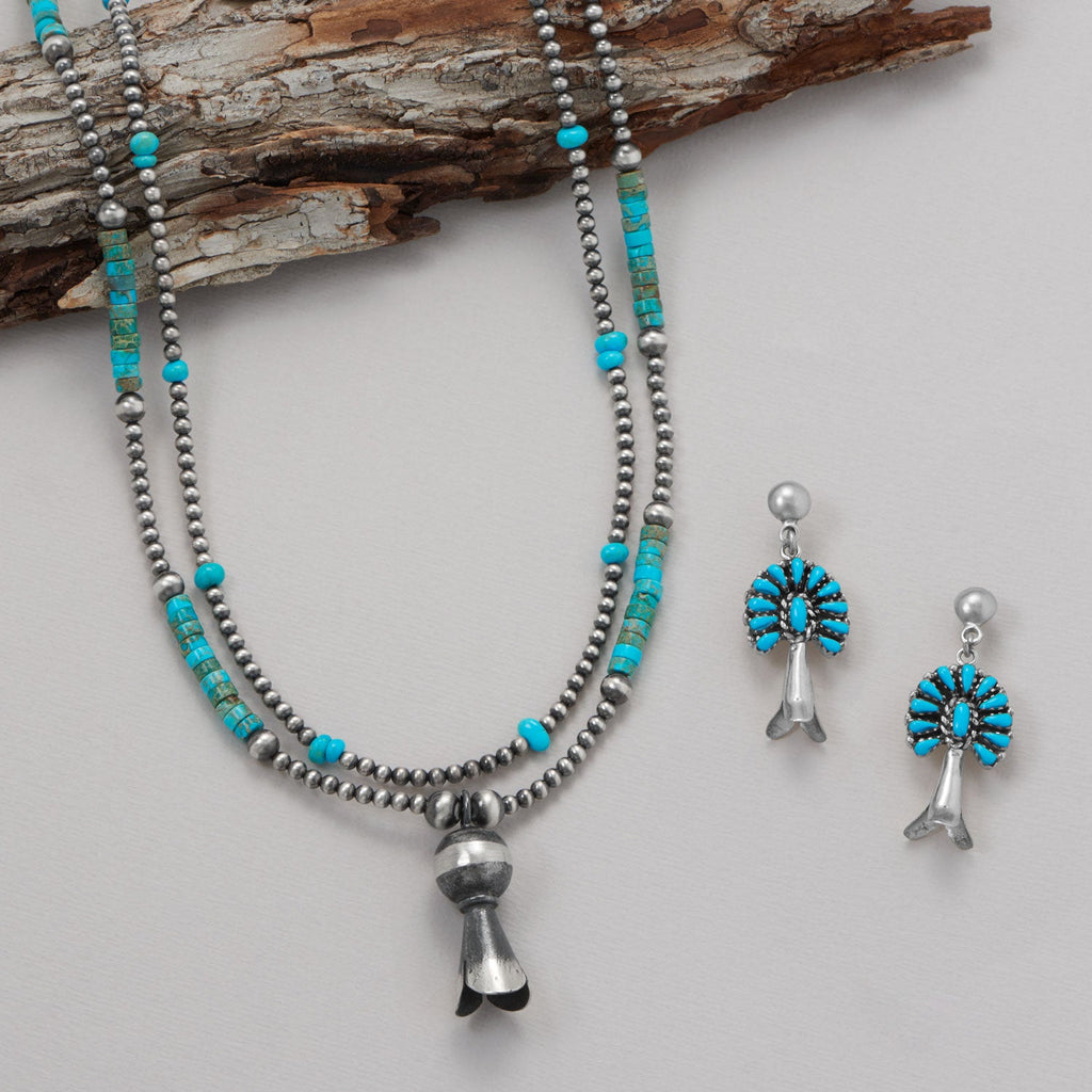 18" Turquoise Heishi, Oxidized Bead and Squash Blossom Necklace