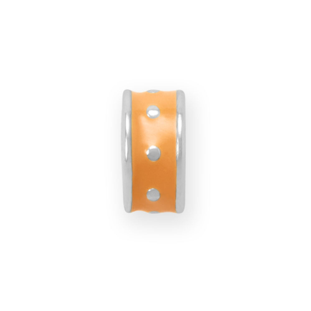 Rhodium Plated Orange Enamel Inlay Dotted Wheel Bead Charm