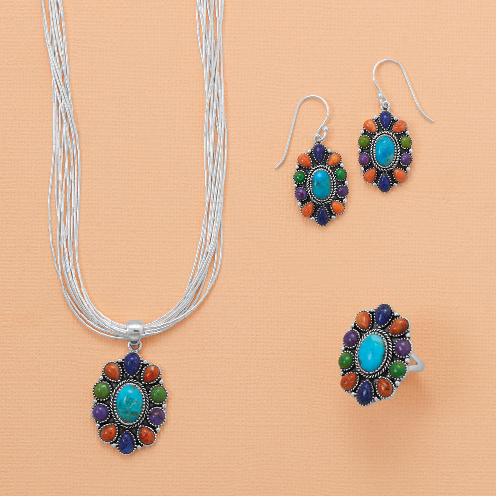 Oxidized Oval Multi Stone Flower Pendant