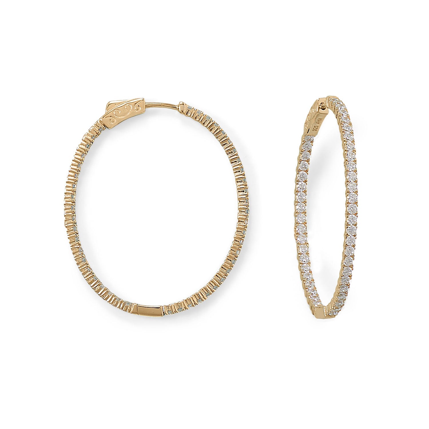14 Karat Gold Plated Oval In/Out CZ Hoop Earrings