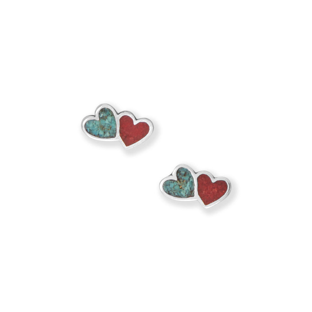Coral and Turquoise Chip Double Heart Stud Earrings
