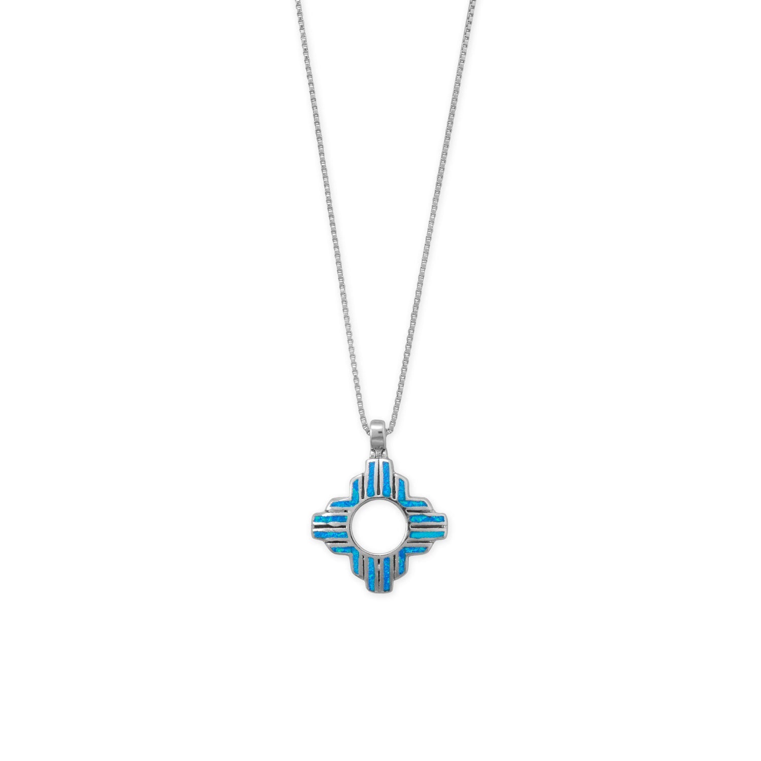 Rhodium Plated Synthetic Blue Opal Zia Symbol Pendant