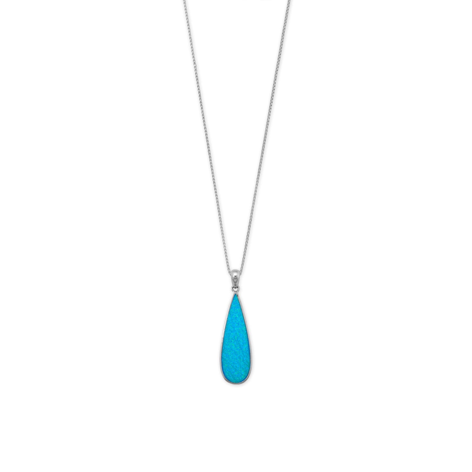 Rhodium Plated Synthetic Blue Opal Elongated Pear Pendant