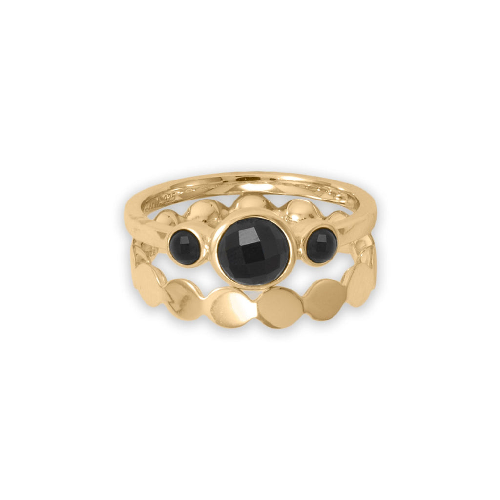 Anillo de triple ónix negro bañado en oro de 14 quilates