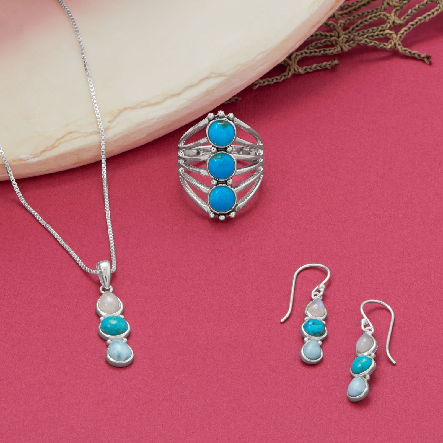 Rainbow Moonstone, Turquoise and Larimar Drop Earrings