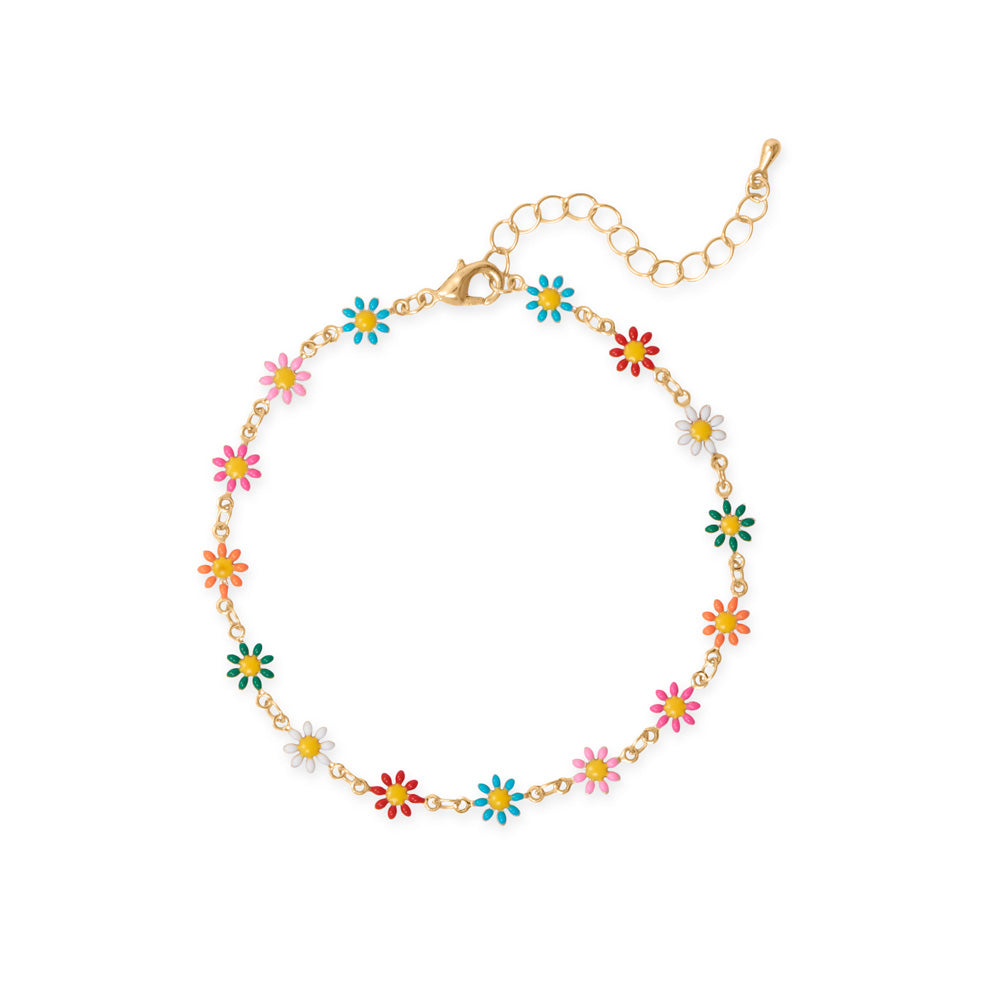 9" + 2" Gold Tone Multi Color Enamel Flower Fashion Anklet