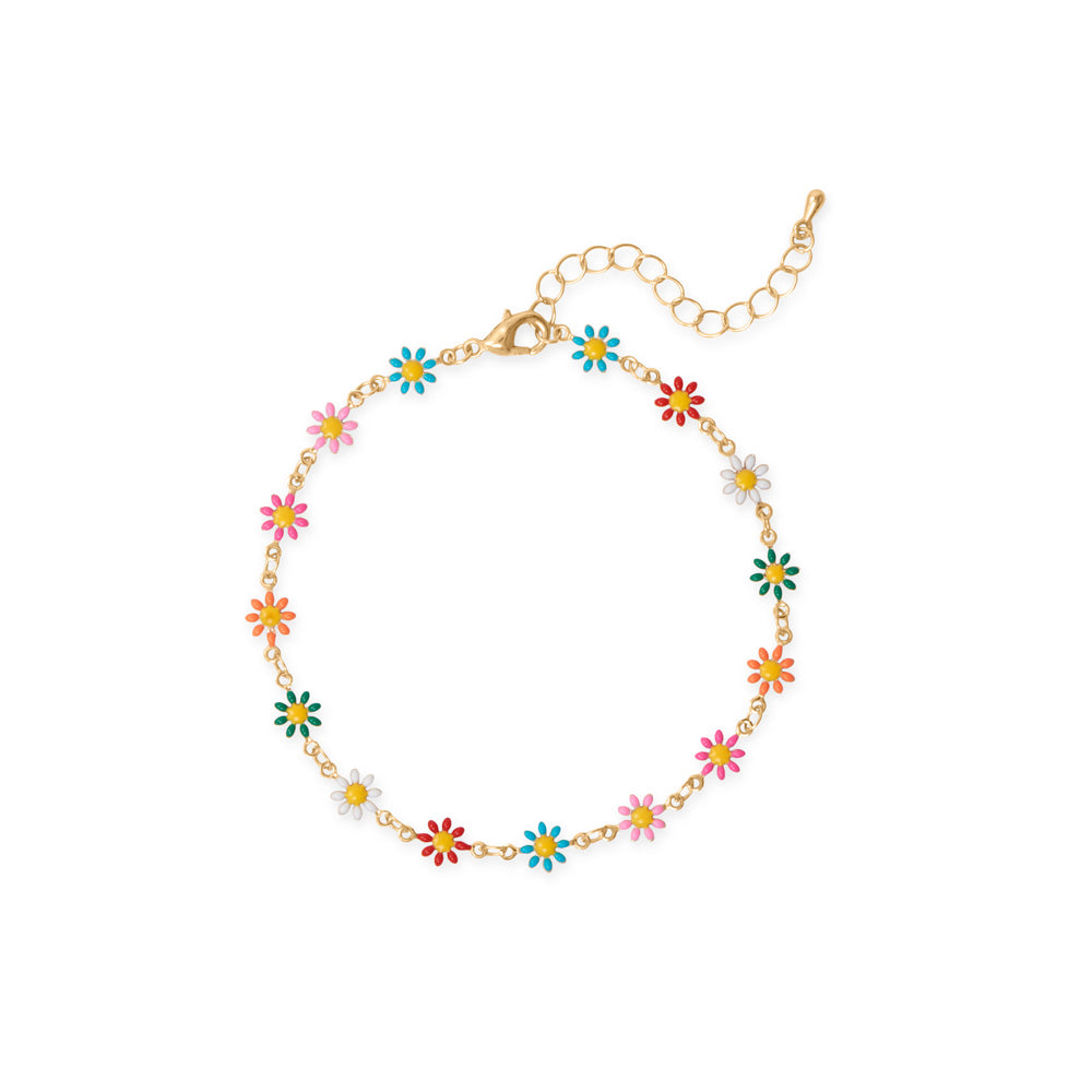 9" + 2" Gold Tone Multi Color Enamel Flower Fashion Anklet