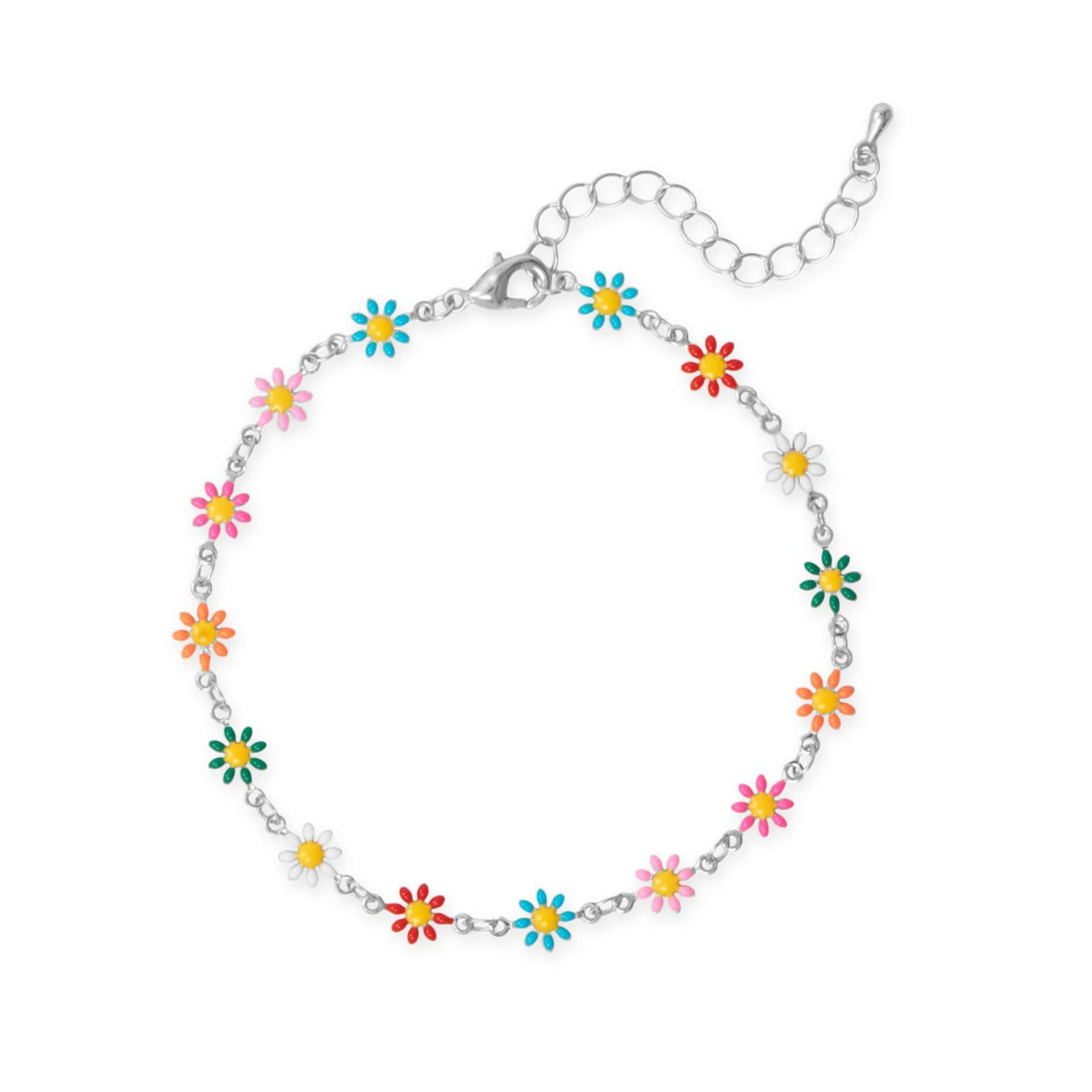 9" + 2" Silver Tone Multi Color Enamel Flower Fashion Anklet